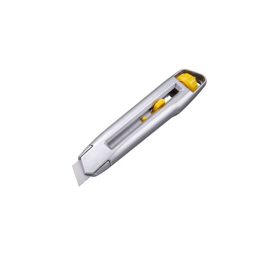 STANLEY 0-10-018 mes met zilveren en geel handvat, schuine weergave op witte achtergrond.