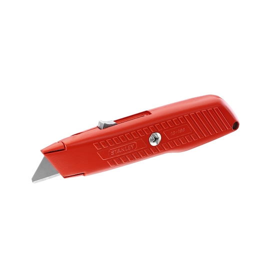 STANLEY 0-10-189 rood hobbymes, zijaanzicht, met intrekbaar mes en getextureerd handvat.