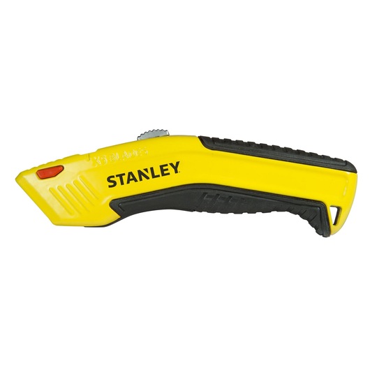 Foto van STANLEY 0-10-237 geel-zwarte afbreekmes, schuine zijaanzicht, ergonomische greep, intrekbaar mes.