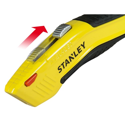 STANLEY 0-10-237 afbreekmes, geel en zwart, met messchuif en rode knop, zijaanzicht op witte achtergrond.