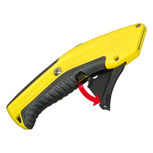 STANLEY 0-10-237 hobbymes met geel-zwarte handgreep, zijaanzicht, open opbergvak.