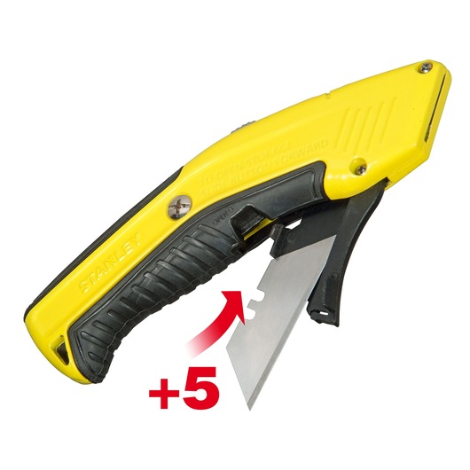 STANLEY 0-10-237 hobbymes met geel-zwarte handgreep, uitgeschoven mes, witte achtergrond, zijaanzicht.