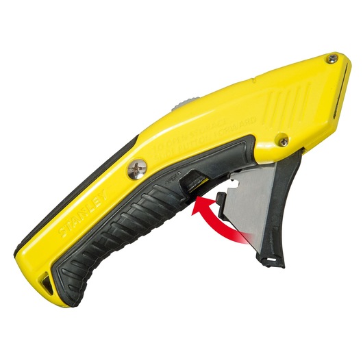 STANLEY 0-10-237 hobbymes met geel-zwart handvat, zijaanzicht op witte achtergrond, lemmetopslag geopend.