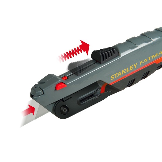 STANLEY 0-10-242 hobbymes close-up met lemmetslider en rode pijlen op witte achtergrond.