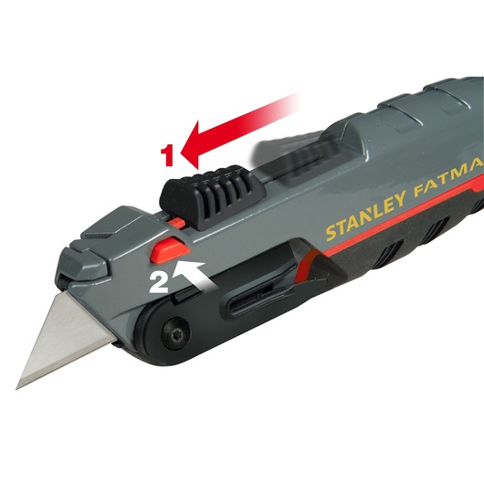STANLEY 0-10-242 hobbymes zijaanzicht, bladontgrendelingsmechanisme met rode en witte pijlen.