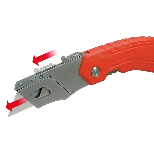 STANLEY 0-10-243 vouwbaar hobbymes met rood handvat, zilveren mes, zijaanzicht op witte achtergrond met aanduiding van de snijrichting.