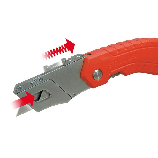 STANLEY 0-10-243 hobbymes met rood handvat, zijaanzicht close-up met mesontgrendelingsmechanisme.