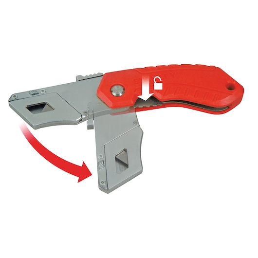 STANLEY 0-10-243 vouwbaar afbreekmes met rood handvat, weergegeven in open positie, witte achtergrond.