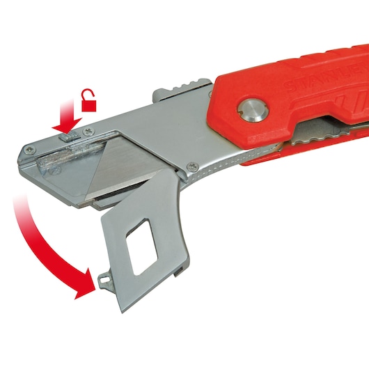 STANLEY 0-10-243 vouwbaar mes met rode handgreep, open lemmetcompartiment, zijaanzicht.