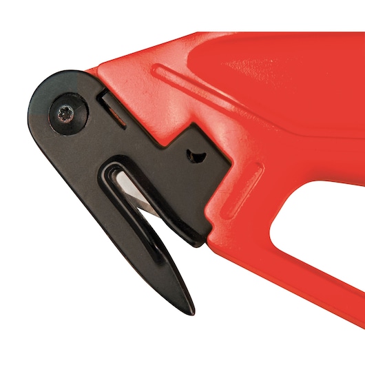 STANLEY 0-10-245 haakmes close-up, rood en zwart handvat, witte achtergrond.