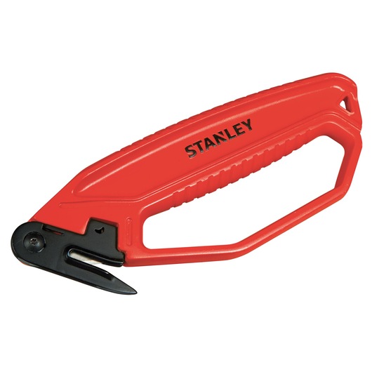 STANLEY 0-10-245 rode veiligheidsmes met afgeschermd lemmet en hoekig handvat, productfoto op witte achtergrond.