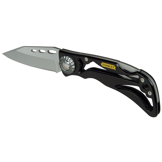 Couteau pliant STANLEY 0-10-253 avec manche noir partiellement ouvert et lame argentée, angle droit.
