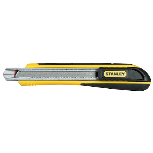 STANLEY 0-10-475 intrekbaar hobbymes, geel en zwart, linkerzijaanzicht op witte achtergrond.