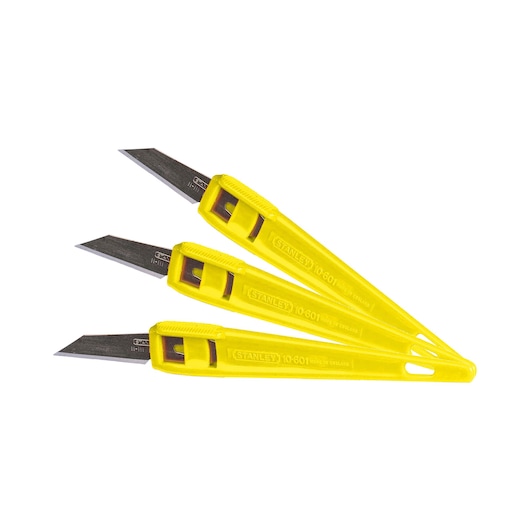 STANLEY 0-10-601 set van drie gele hobbymessen met vast lemmet, bovenaanzicht op witte achtergrond.