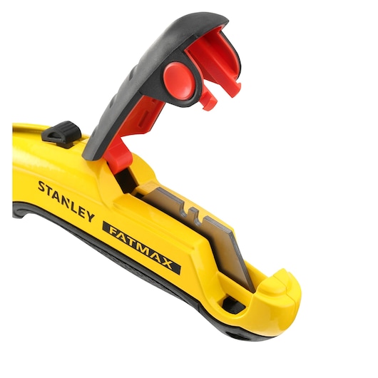 STANLEY 0-10-778 couteau utilitaire jaune et noir, FATMAX, vue latérale, stockage de lame ouvert