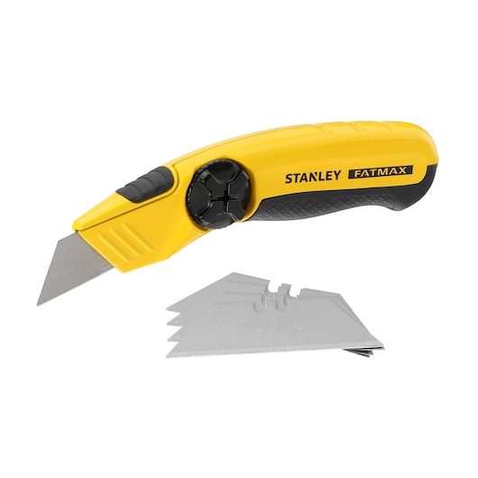 STANLEY 0-10-780 couteau utilitaire pliant avec poignée jaune et lames de rechange, photographie produit, vue en angle.