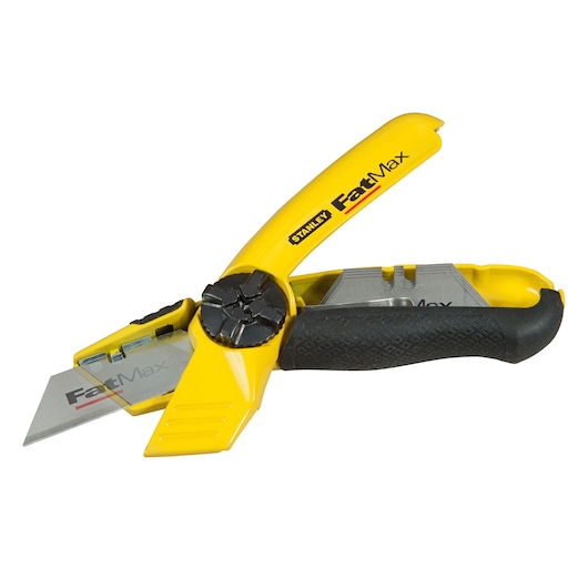 Cutter STANLEY 0-10-780 avec poignée jaune et noire, vue latérale sur fond blanc.
