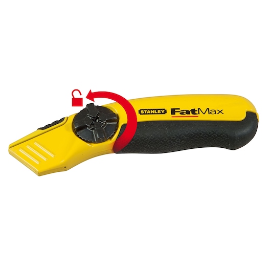 Cutter STANLEY FatMax 0-10-780, jaune et noir, vue latérale avec symbole de cadenas et flèche indiquant la rotation.