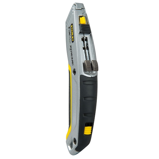 STANLEY 0-10-789 couteau utilitaire, argenté et noir, vue latérale, poignée ergonomique et stockage de lame.
