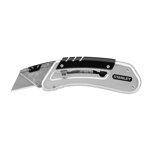 Couteau utilitaire pliant STANLEY 0-10-810, manche argenté et noir, vue latérale sur fond blanc.