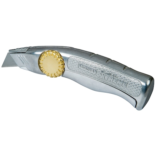 STANLEY 0-10-818 hobbymes met zilverkleurig, getextureerd handvat en gouden stelwiel, zijaanzicht op witte achtergrond.