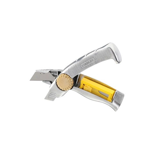 Photographie du couteau pliant STANLEY 0-10-819 avec rangement de lames jaune, en angle sur fond blanc.