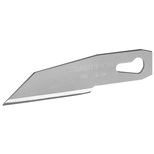 Lame de rechange STANLEY 0-11-221 pour cutter, argentée, bord angulaire, photo du produit sur fond blanc.
