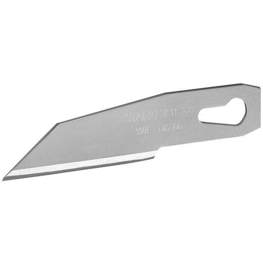 Lame de rechange argentée STANLEY 0-11-221 pour cutter, tranchant droit, gros plan sur fond blanc.