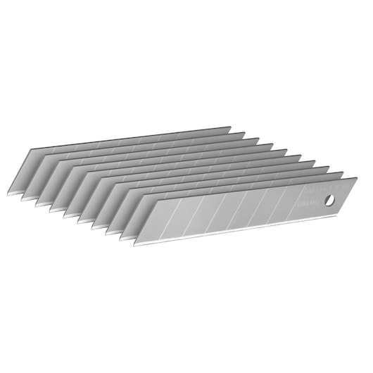 STANLEY 0-11-301 afbreekmesjes, zilverkleurig, set van tien, schuine aanzicht op witte achtergrond.