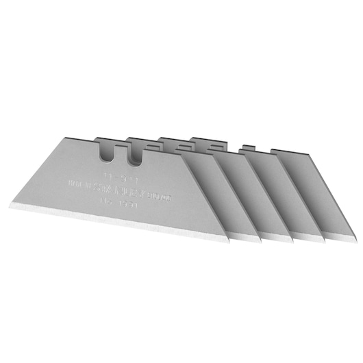 Lames de cutter STANLEY 0-11-911 argentées, empilées en angle, fond blanc, photographie du produit face avant.