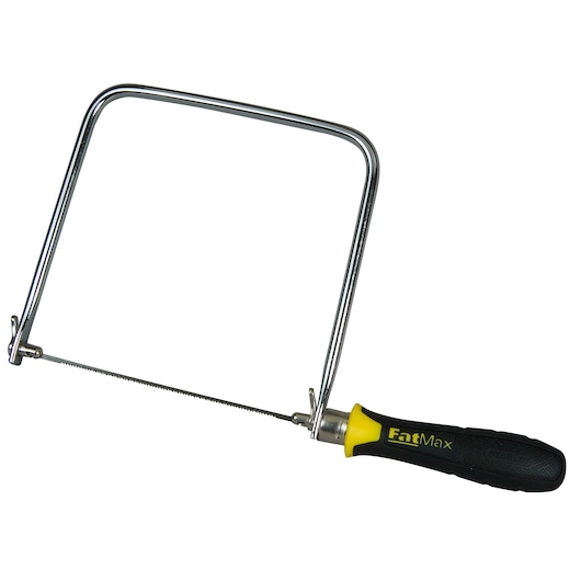 STANLEY 0-15-106 figuurzaag met zwart-geel FatMax-handvat, zijaanzicht op witte achtergrond.