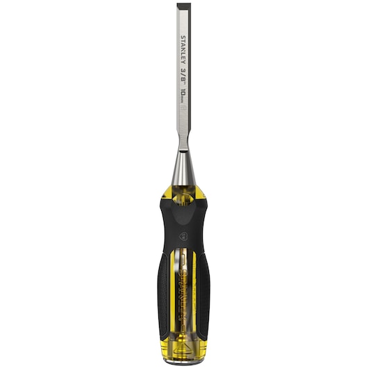 STANLEY 0-16-253 FatMax beitel met zwart-gele handgreep, frontale hoek op witte achtergrond.