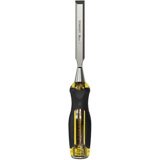 STANLEY 0-16-256 FatMax beitel, 15mm, geel-zwarte handgreep, vooraanzicht op witte achtergrond