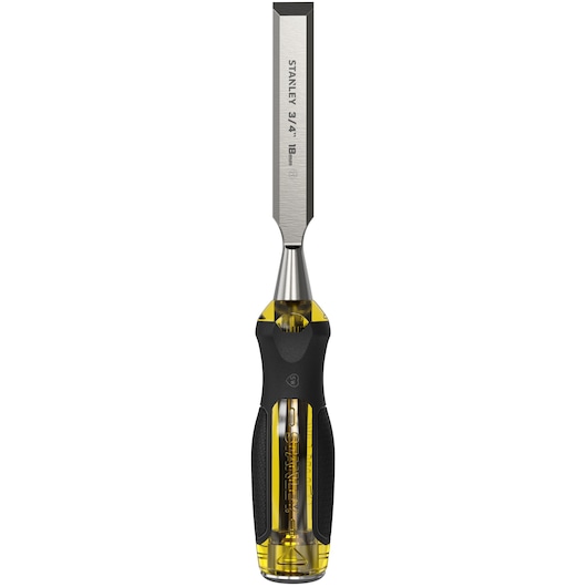STANLEY 0-16-258 houtbeitel met stalen blad en geel-zwarte ergonomische handgreep, op witte achtergrond.