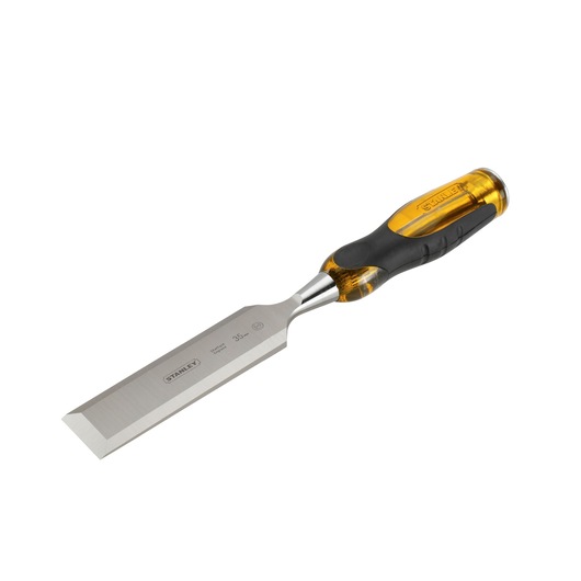 STANLEY 0-16-264 beitel met stalen blad en geel-zwart ergonomisch handvat, schuine hoek op witte achtergrond.