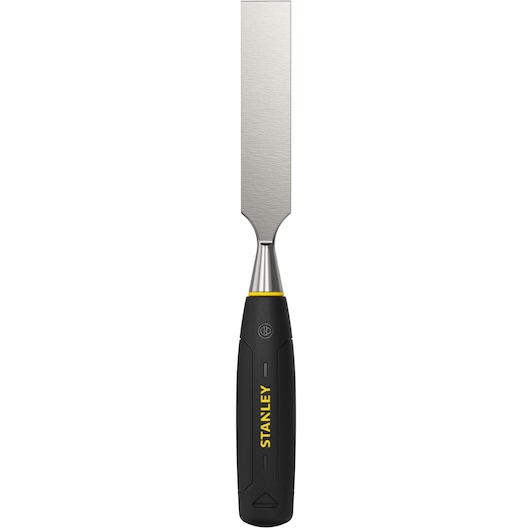 STANLEY 0-16-551 houtbeitel met blauwe handgreep, product omhoog gericht, witte achtergrond.