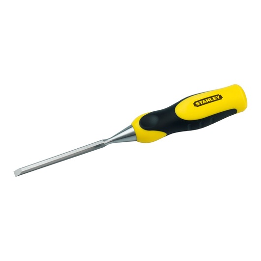 Een Stanley houtbeitel met een gele en zwarte ergonomische handgreep en een scherpe metalen lemmet, afgebeeld tegen een