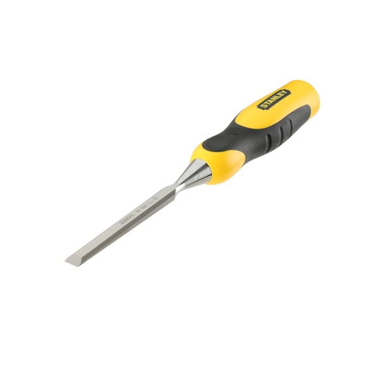 Ciseau Stanley avec manche jaune et noir et lame métallique sur fond blanc.