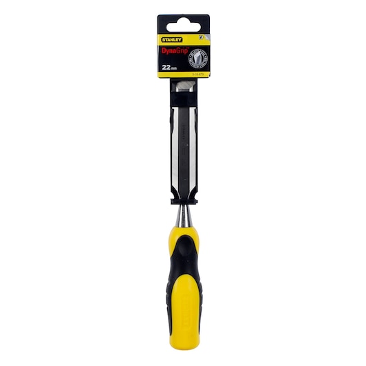 STANLEY 0-16-879 houtbeitel, DynaGrip handvat geel en zwart, 22mm, vooraanzicht, witte achtergrond.