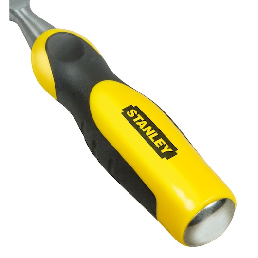 STANLEY 0-16-880 beitelhandvat, geel en zwart ergonomisch ontwerp, zijaanzicht, op witte achtergrond.