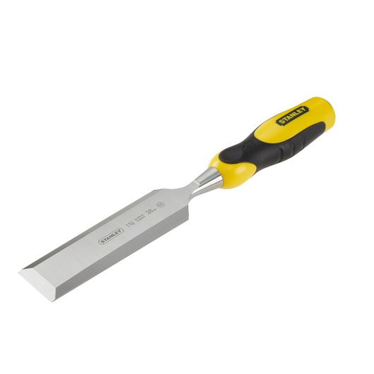 Ciseau à bois Stanley avec manche jaune et noir et lame acier tranchante, adapté au travail du bois.