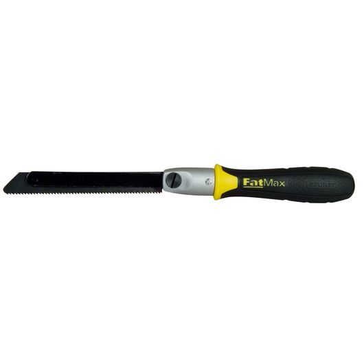 STANLEY 0-20-220 FatMax inklapbare schrobzaag met zwart gekarteld blad en zwart-gele handgreep, zijaanzicht op witte achtergrond.
