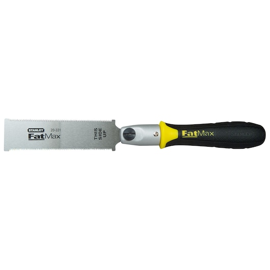 Foto van STANLEY 0-20-331 FatMax zwaluwstaartzaag met zwart en geel handvat, vooraanzicht op witte achtergrond.