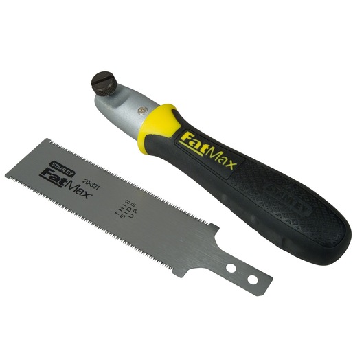 STANLEY 0-20-331 FatMax handzaag met zwart-gele handgreep, losse rechte zaag, hoek op witte achtergrond.