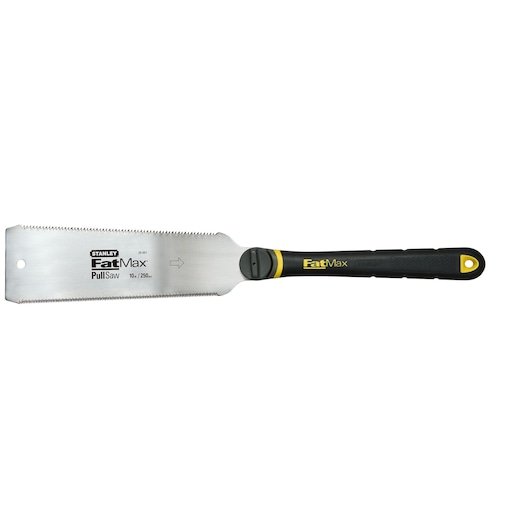 STANLEY 0-20-501 FatMax Pull Saw met zwart-gele handgreep, zijaanzicht op witte achtergrond.