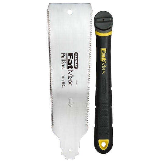 STANLEY 0-20-501 trekzaagblad en zwarte FatMax handgreep, frontaal op witte achtergrond.
