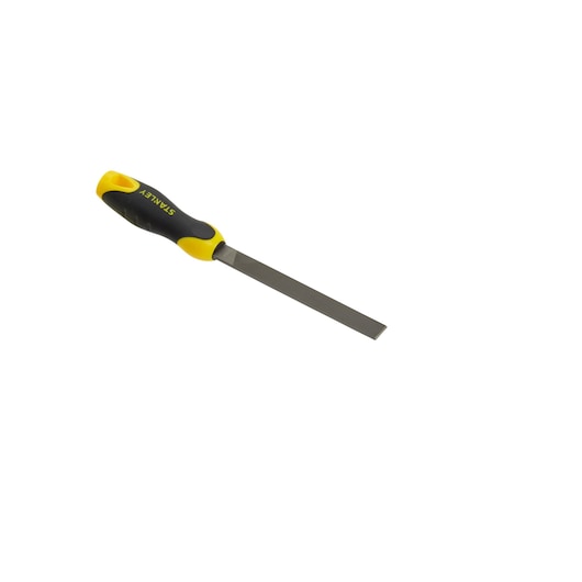 STANLEY 0-22-450 vlakke metaalvijl met geel-zwart handvat, productfoto op witte achtergrond.