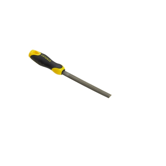 STANLEY 0-22-455 ronde vijl met geel-zwarte ergonomische handgreep, zijaanzicht, op witte achtergrond.