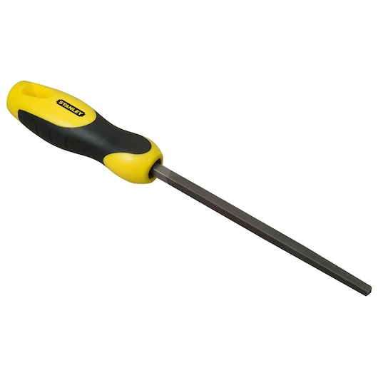 STANLEY 0-22-458 handvijl met geel-zwart ergonomisch handvat, schuine aanzicht op witte achtergrond.