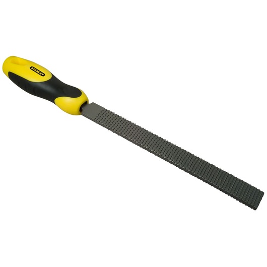 Foto van STANLEY 0-22-465 handrasp met geel-zwart ergonomisch handvat, schuine hoek op witte achtergrond.
